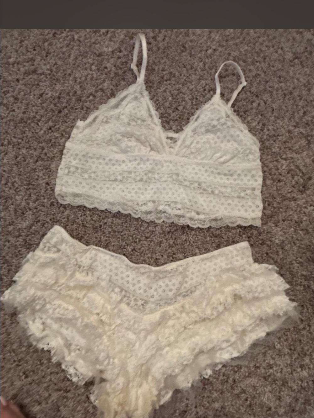 Lace Bralette and Ruffle Short Set - White